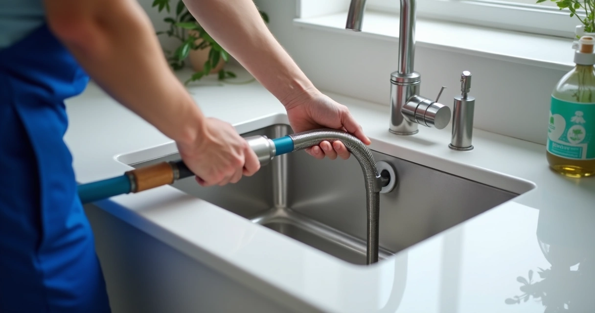 Profissional limpa cano de cozinha com ferramenta manual 