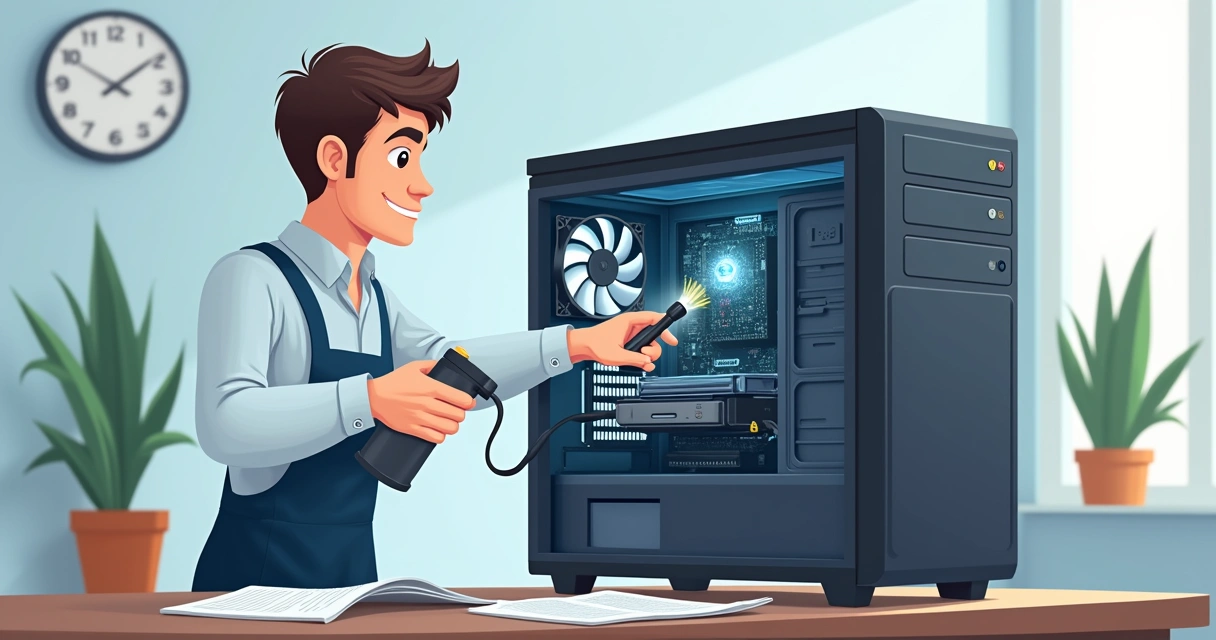 Técnico limpando o interior de um gabinete de computador 