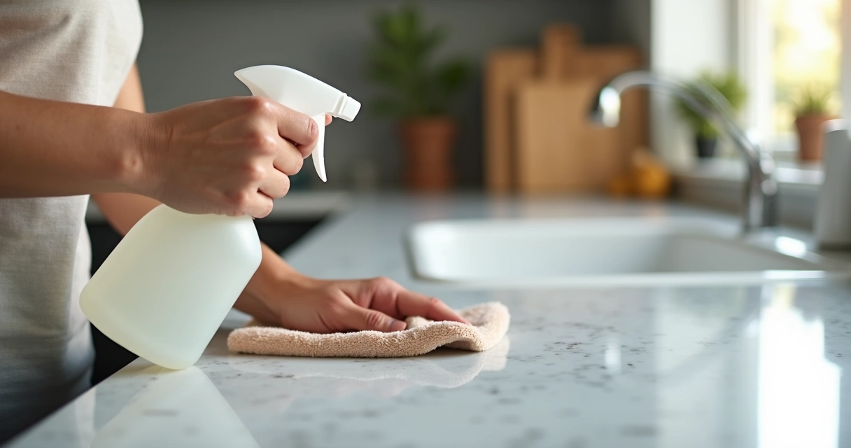 Pessoa limpando bancada de cozinha clara com pano e produto neutro 