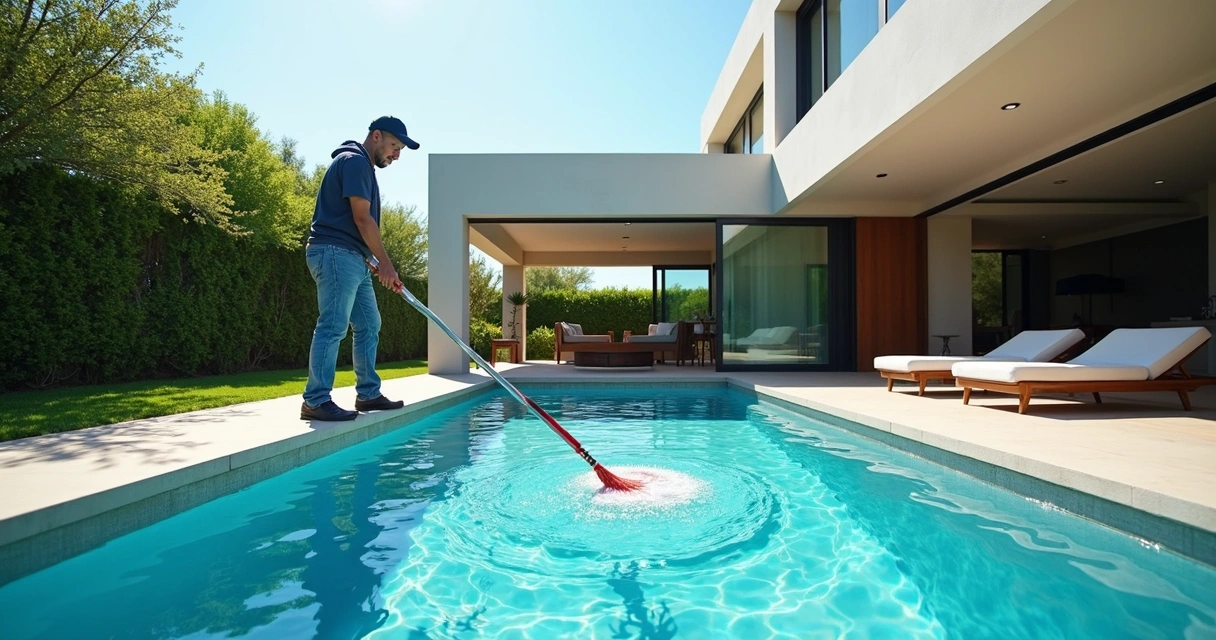Piscineiro limpando piscina em casa espaçosa em Campinas 