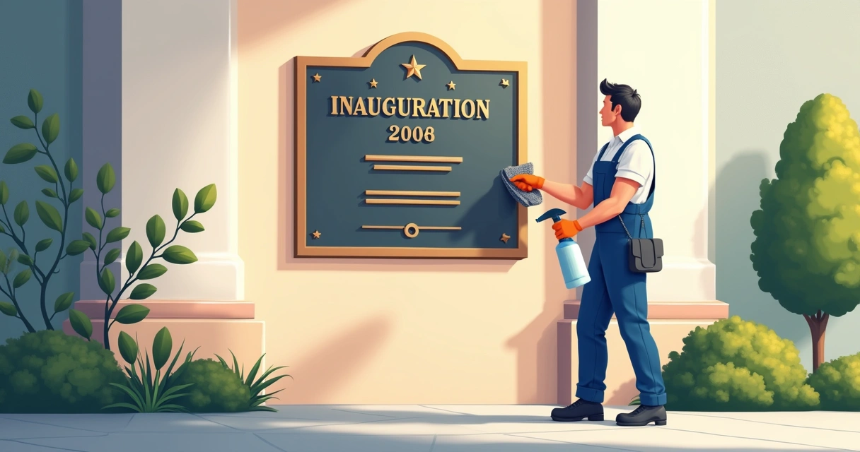 Pessoa limpando cuidadosamente placa de inauguração de metal 