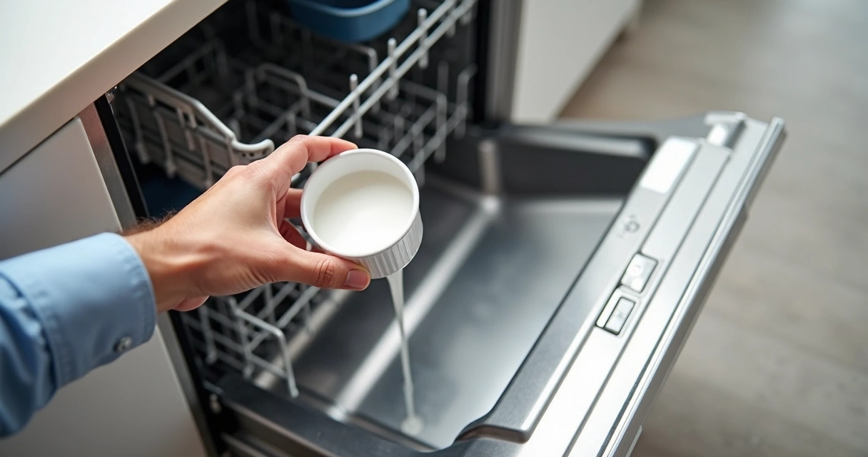 Pessoa utilizando vinagre branco na máquina de lavar louça 