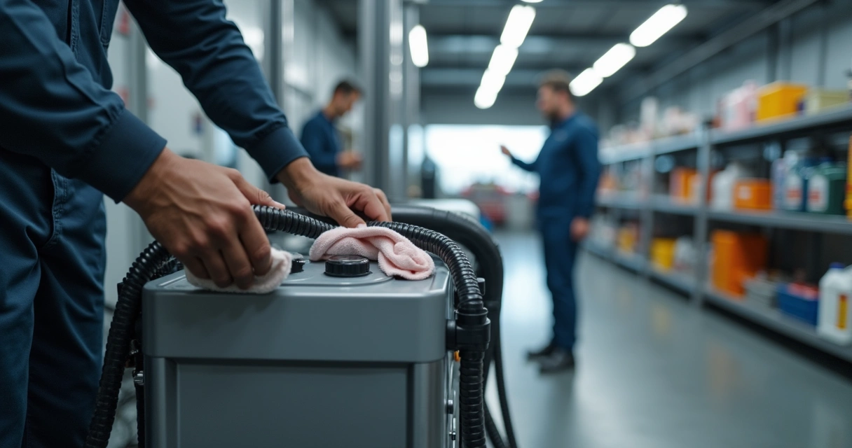 Técnico limpando máquina de troca de óleo em oficina 
