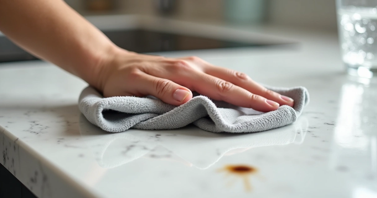 Mão limpando mármore com pano de microfibra 