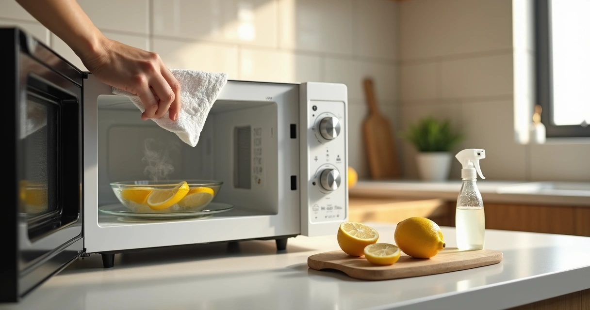 Pessoa limpando micro-ondas com vapor em cozinha doméstica organizada 