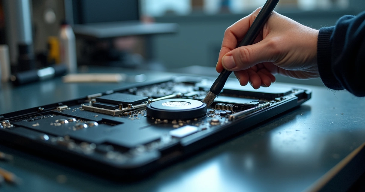 Notebook gamer sendo limpo internamente com pincel e compressor