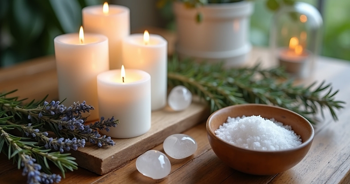 Utensílios sobre mesa com ervas e sal grosso ao redor de objeto 