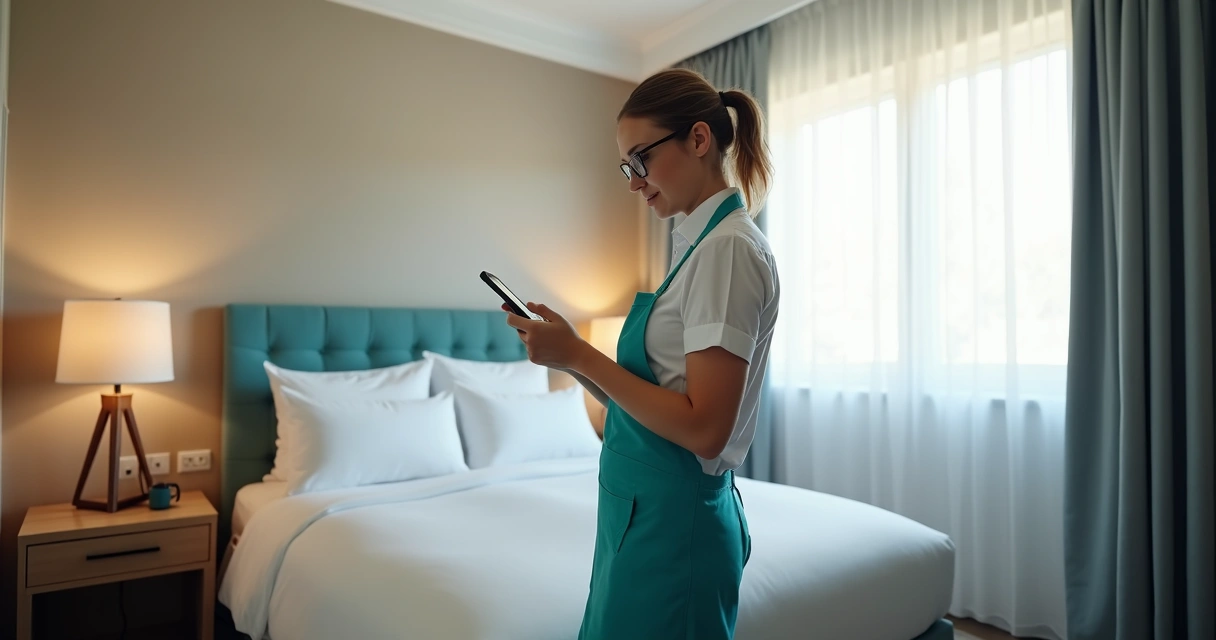 Camareira digitando em aplicativo de limpeza móvel em apartamento de hotel arrumado. 