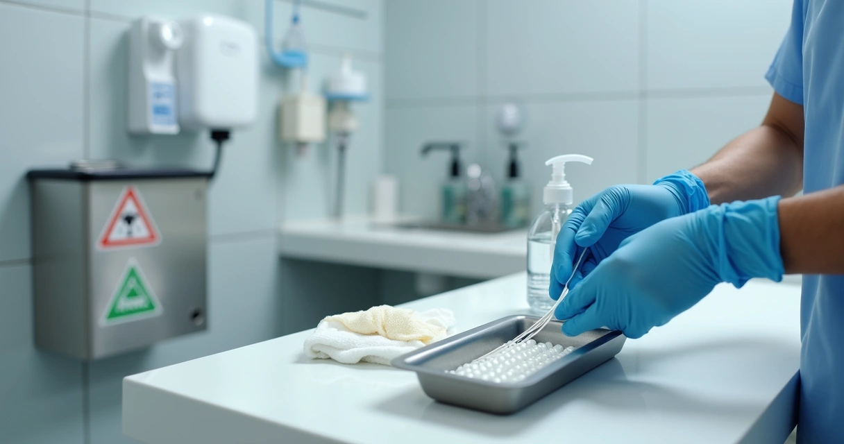 Profissional limpando orquidômetro com luvas em ambiente hospitalar 