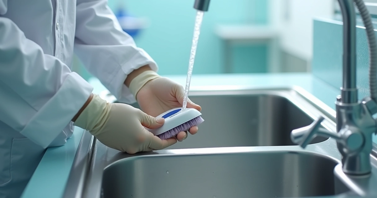 Profissional de saúde limpando orquidômetro com luvas e materiais adequados. 