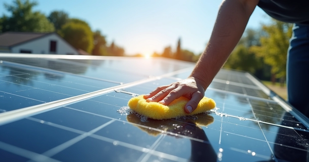 Pessoa limpando painel solar com esponja macia e água 