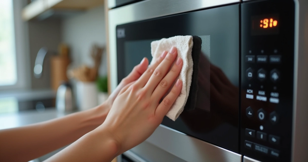 Pessoa limpando painel do micro-ondas com pano 