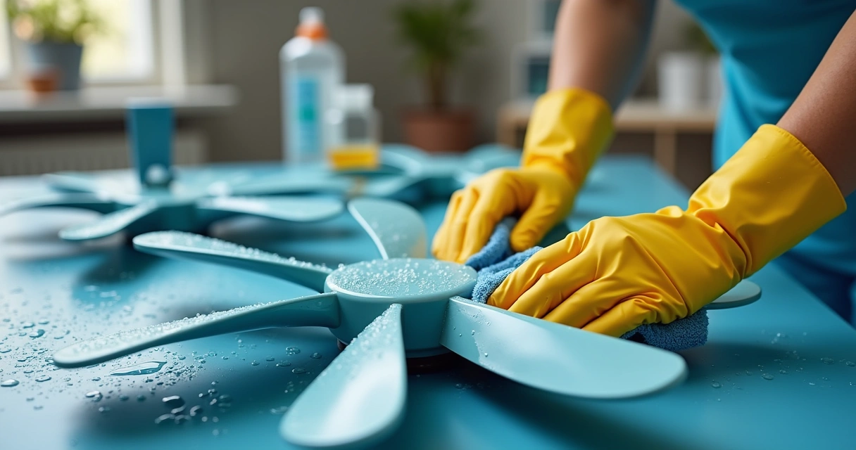 Pás de ventilador sendo limpas à mão 