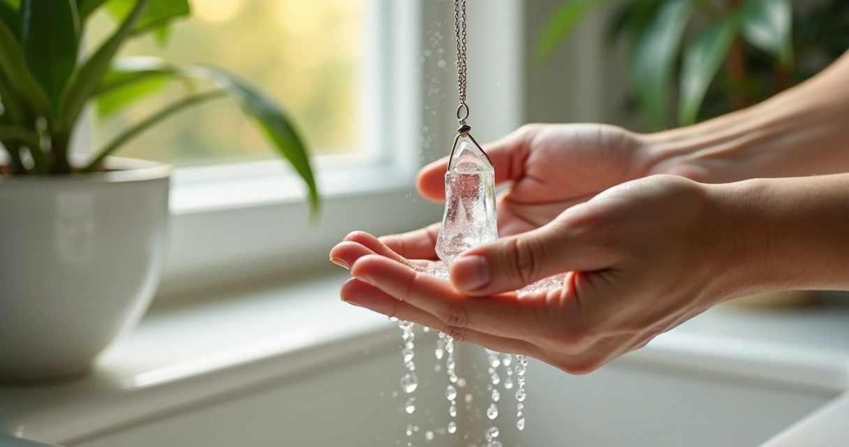 Pessoa limpando um pêndulo de cristal com água corrente 