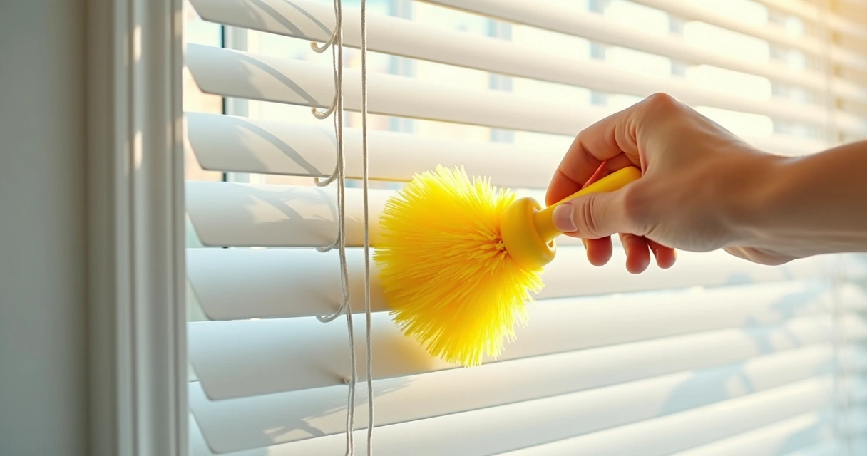 Pessoa limpando persiana branca com espanador amarelo. 