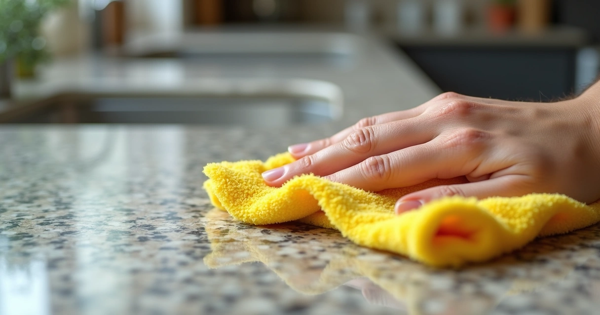 Pessoa limpando pia de granito com pano de microfibra 