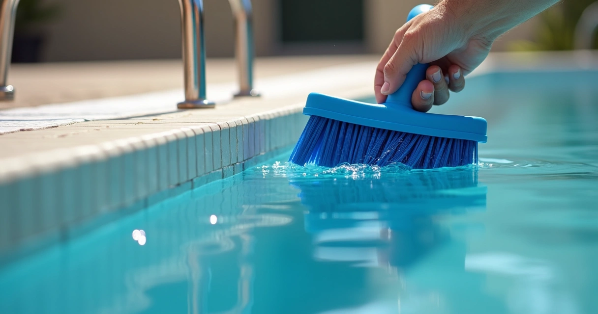 Revestimento para Piscina: Tipos, Vantagens e Cuidados 2 Limpeza de piscina com acessório apropriado na borda de porcelanato