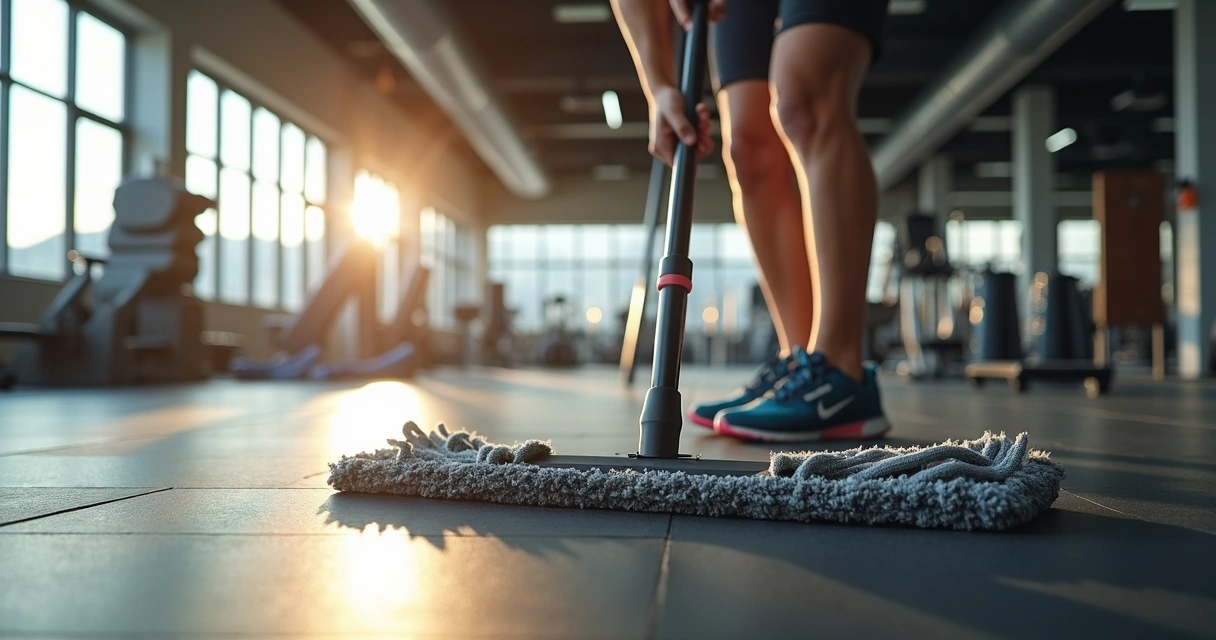 Pessoa limpando piso de borracha Zanflex em academia moderna 