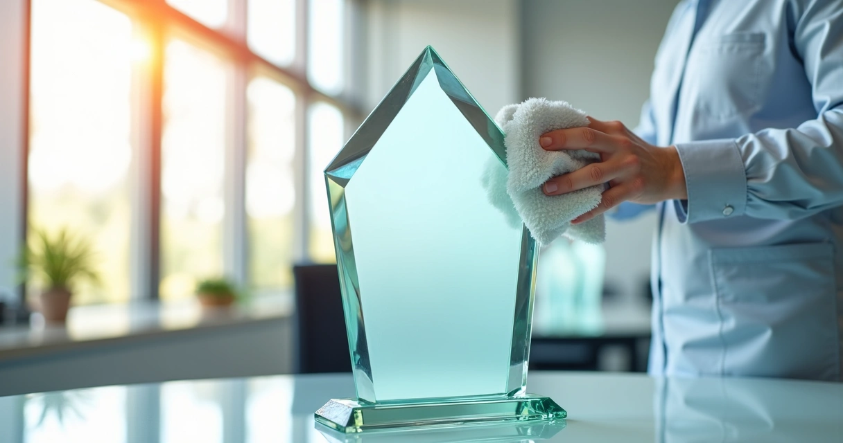 Técnico limpando placa de homenagem em vidro com pano de microfibra 