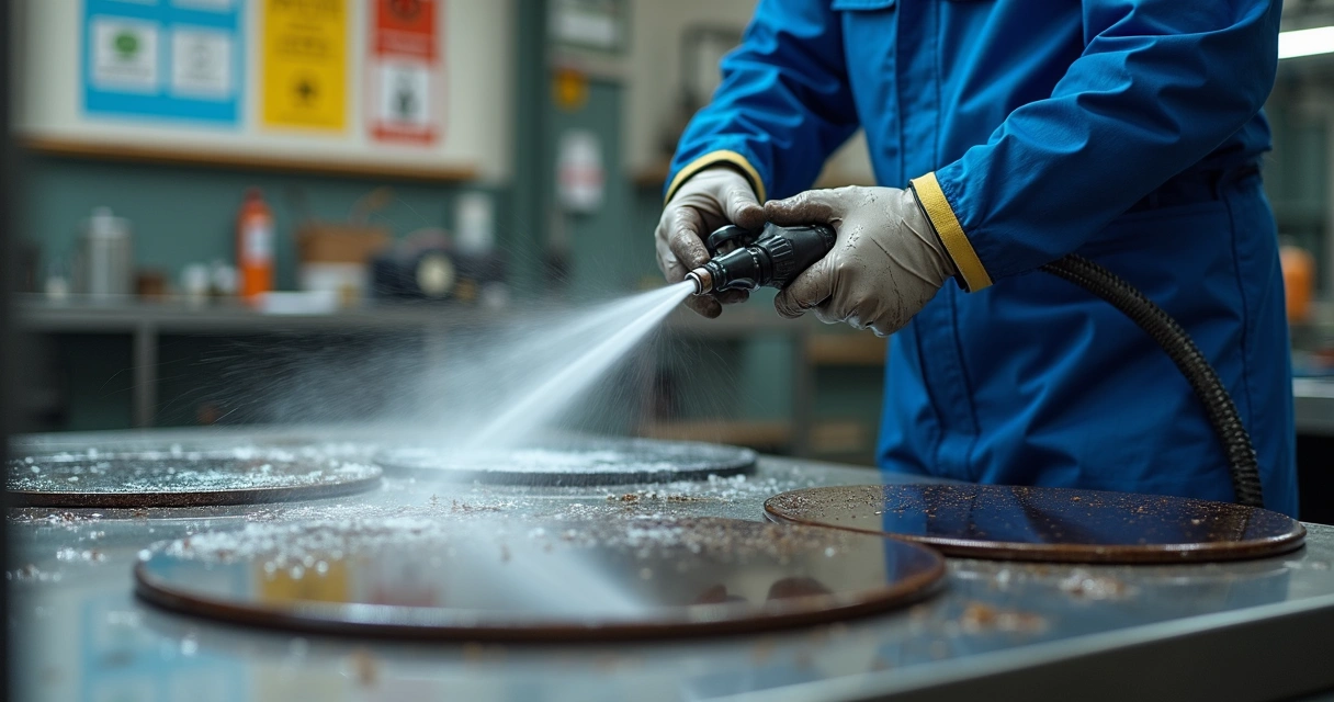 Técnico realizando limpeza em placas coalescentes do separador 