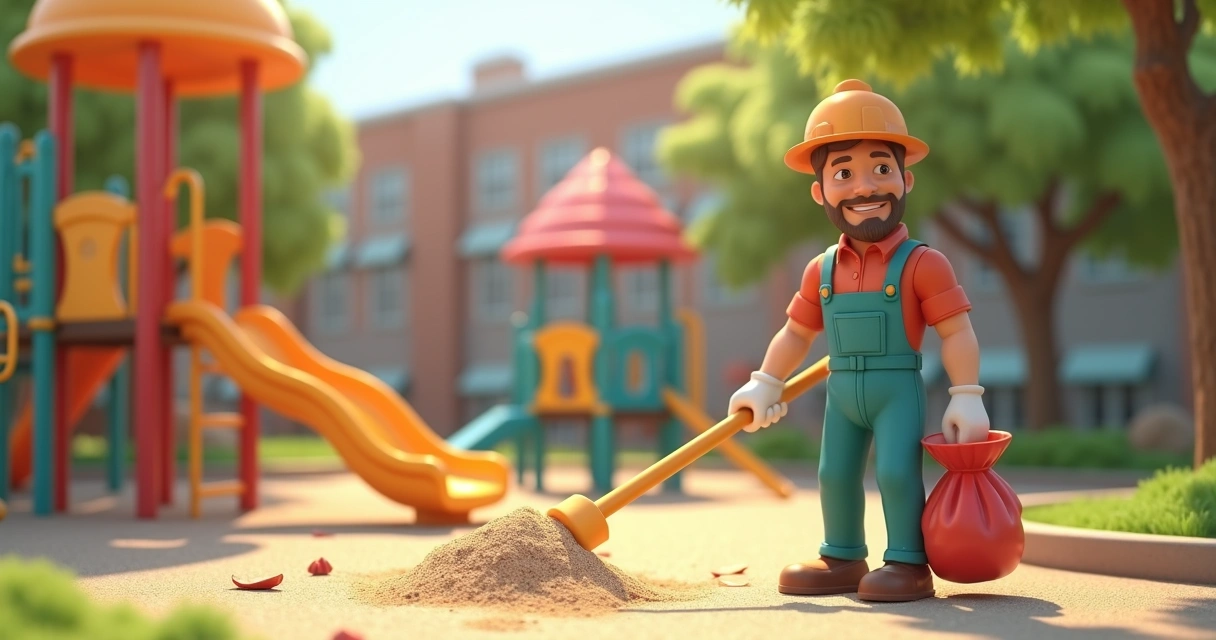 Controle de pragas em playgrounds para garantir segurança infantil 2 Funcionário limpando playground com brinquedos coloridos