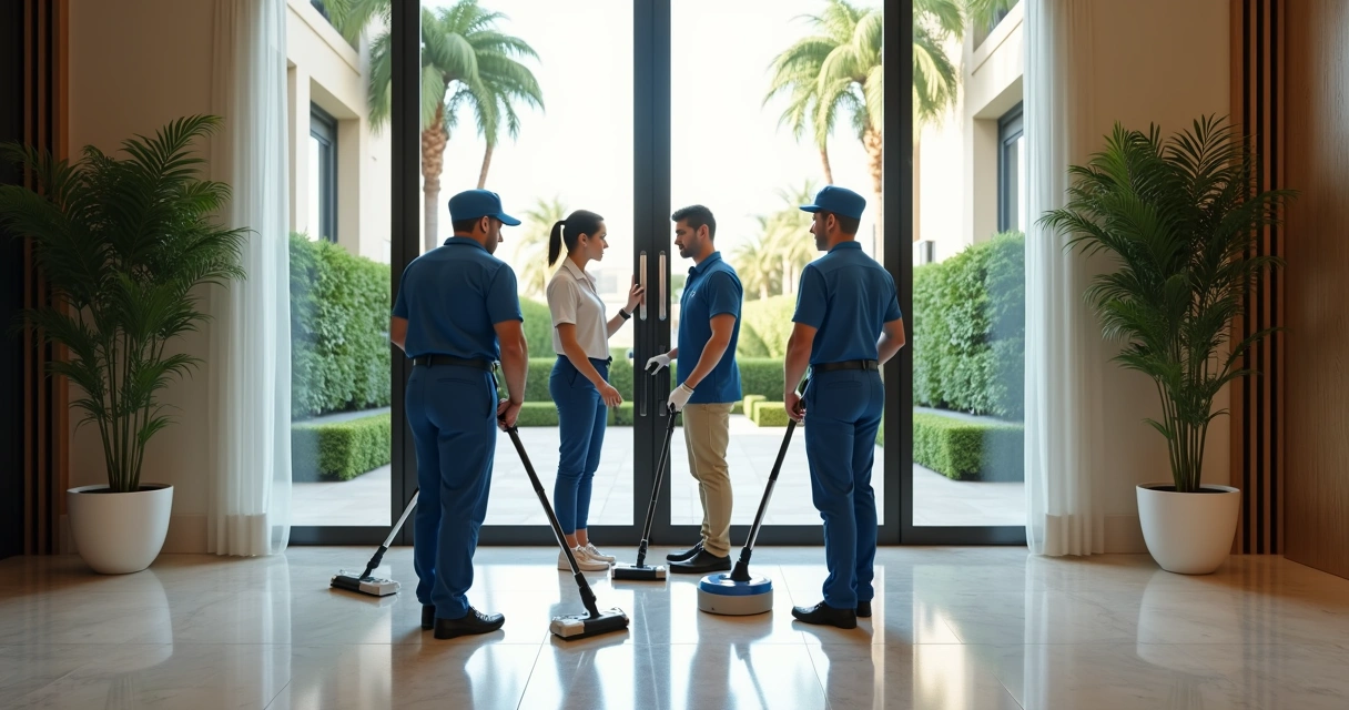 Equipe de limpeza terceirizada realizando manutenção em recepção de condomínio 