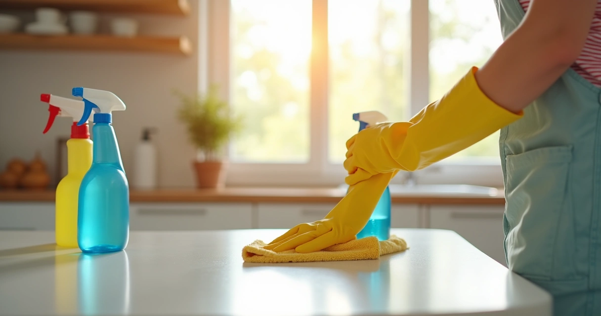 Pessoa limpando a superfície da mesa após dedetização 