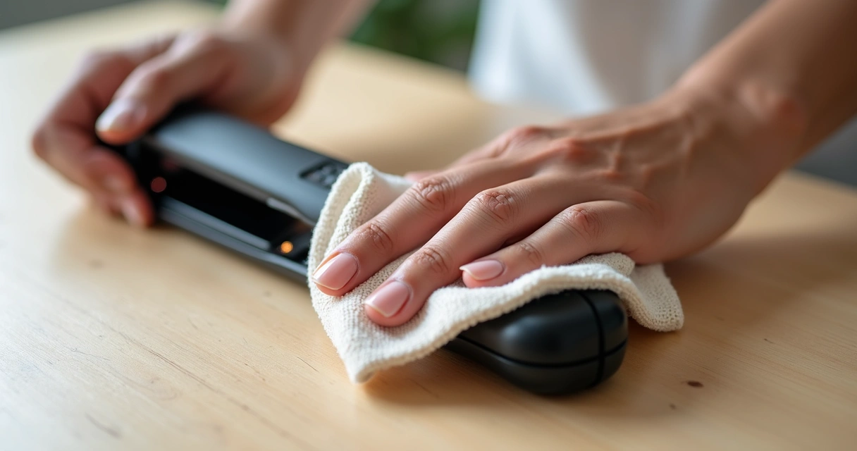 Mãos usando um pano macio limpando uma chapinha profissional desligada 