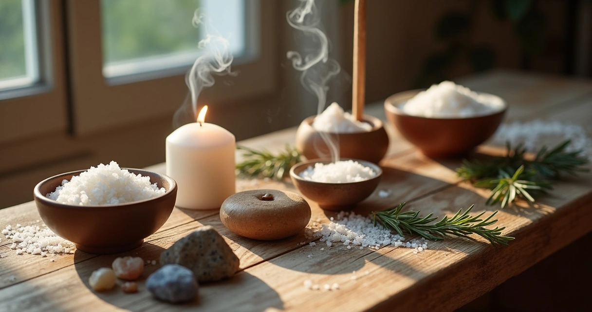 Ritual de limpeza energética de presentes em uma mesa com sal grosso, vela e incenso