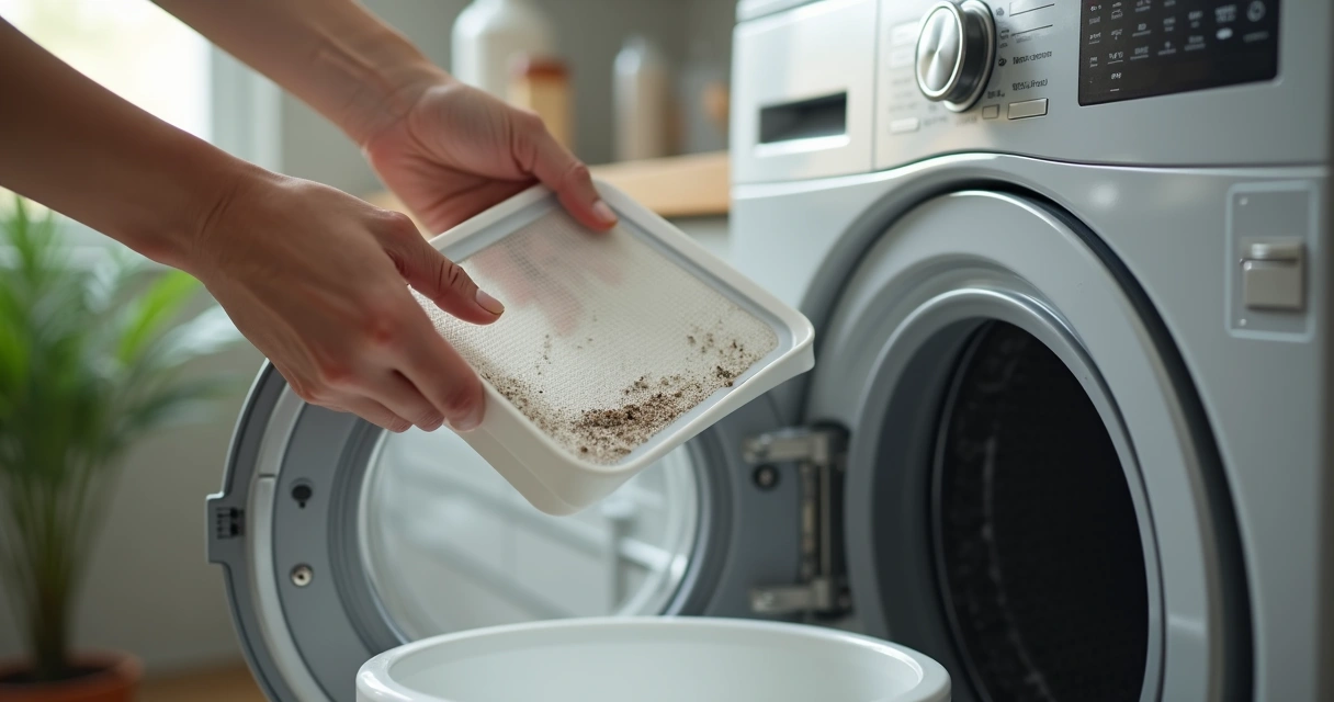 Pessoa limpando filtro da máquina de lavar 