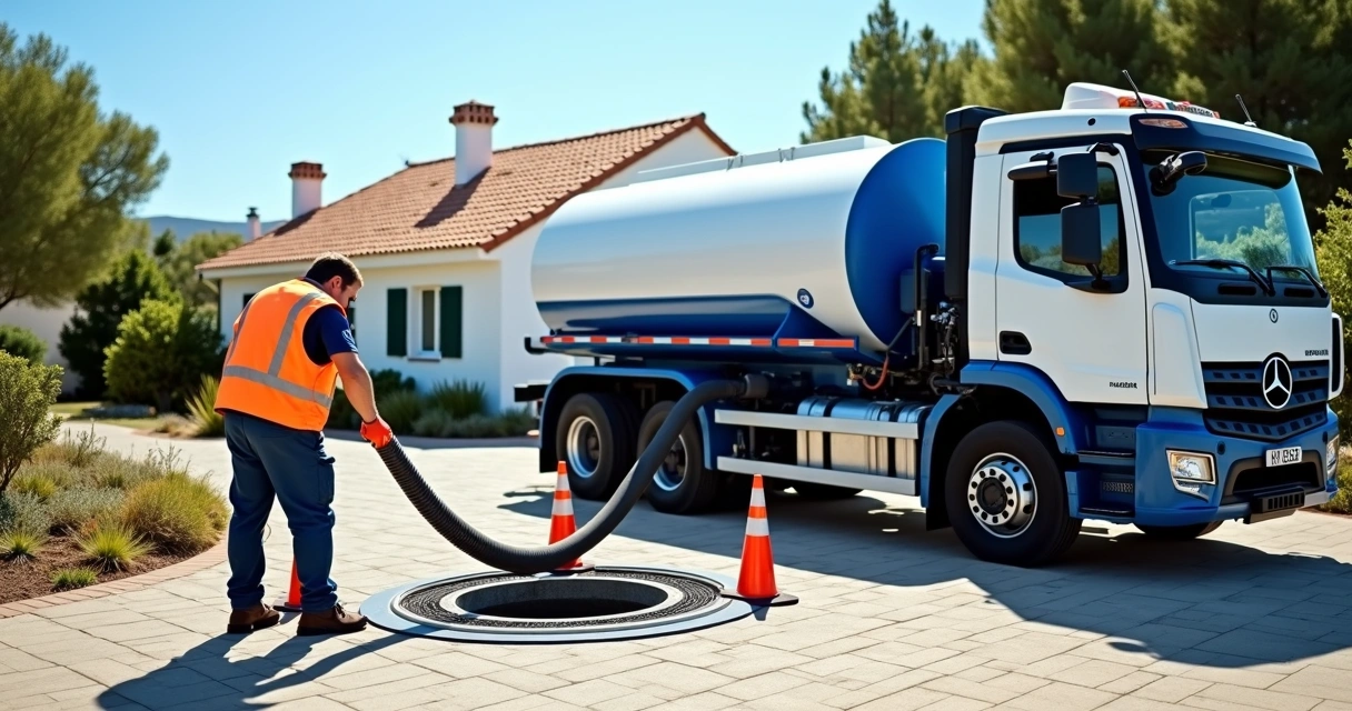 Técnico limpando fossa séptica com caminhão de sucção em área residencial 