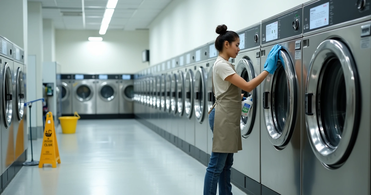 Funcionário fazendo limpeza profissional em lavanderia de autoatendimento moderna 