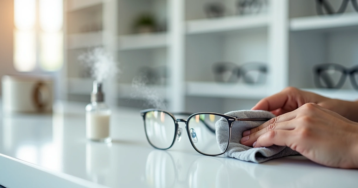 Mãos segurando óculos enquanto limpam cuidadosa mente as lentes com pano de microfibra 