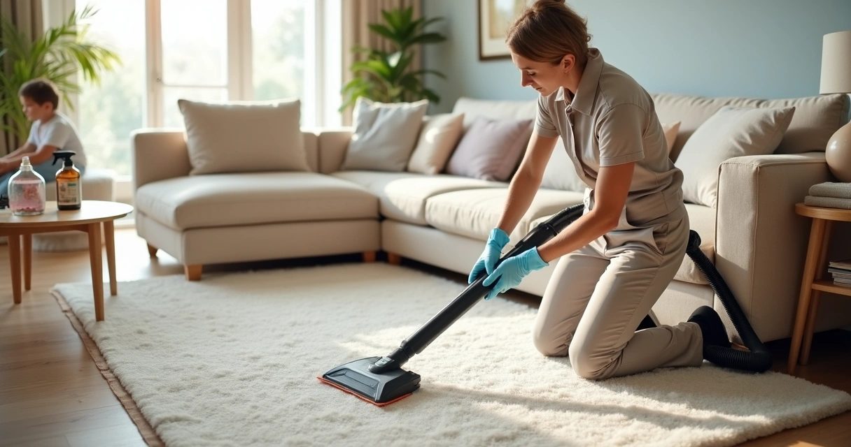 Profissional limpando sofá enquanto família observa ao fundo 