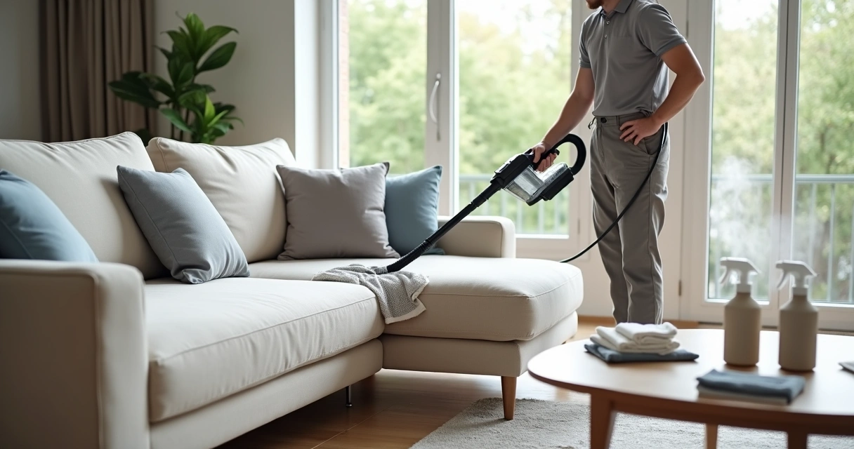 Profissional higienizando sofá de tecido claro em sala de estar moderna 