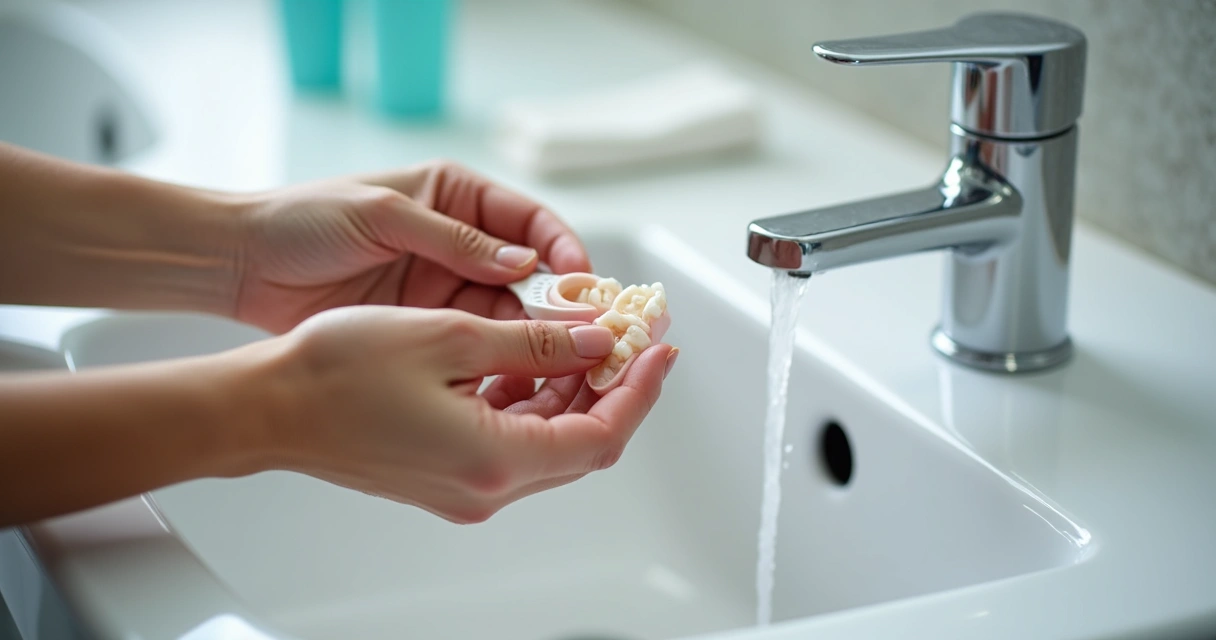 Pessoa limpando prótese flexível sobre pia com escova macia 