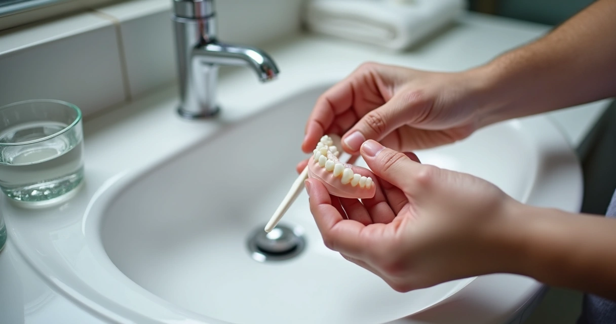 Pessoa limpando prótese dentária flexível em um copo com solução de limpeza