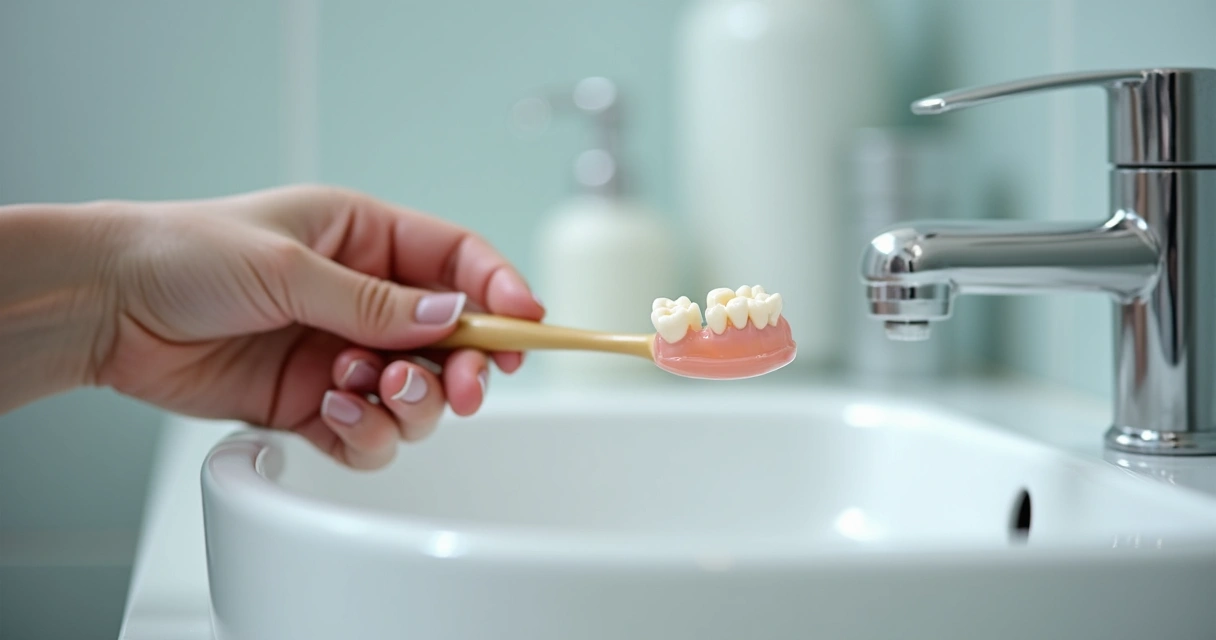 Mão segurando prótese flexível, escovando delicadamente sobre pia branca
