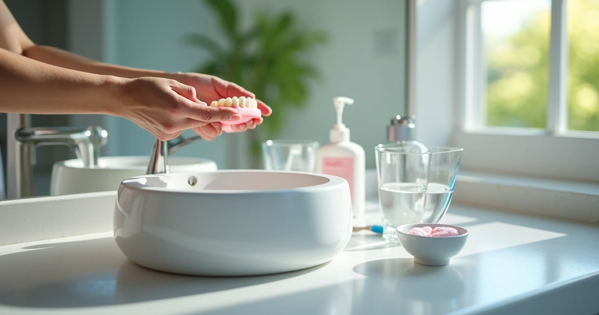Mão segurando prótese flexível sobre pia com produtos de higiene bucal 