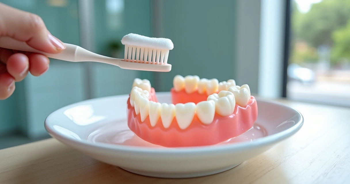 Close-up de prótese flexível sem manchas sendo higienizada com escova macia 