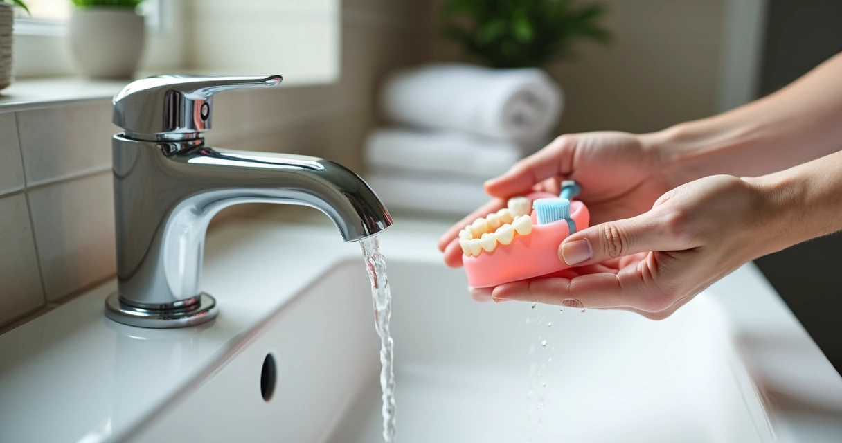 Mãos limpando prótese flexível manchada com escova em pia de banheiro clara 