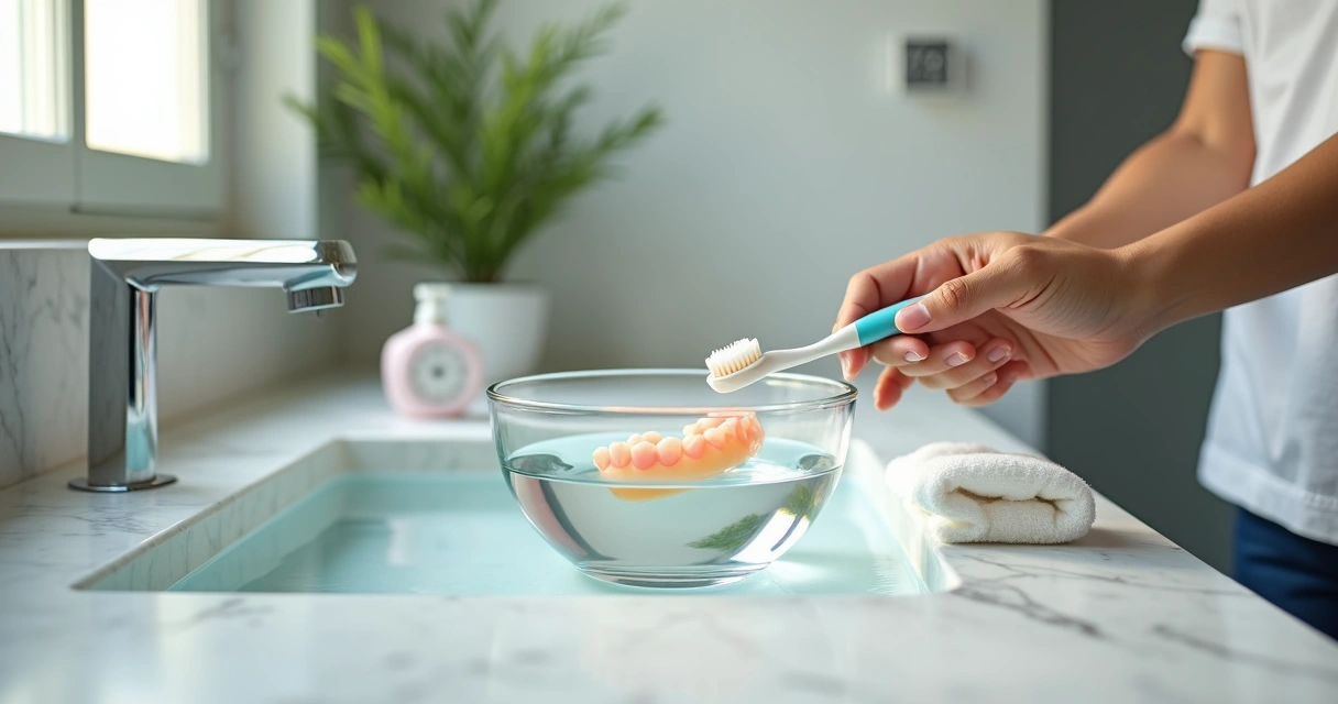 Kit de limpeza doméstica organizado ao redor de uma prótese flexível sobre a pia 