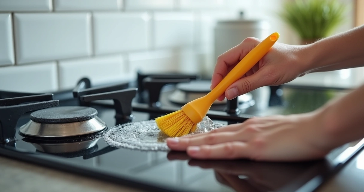 Pessoa limpando queimador de fogão com escova macia e água morna 