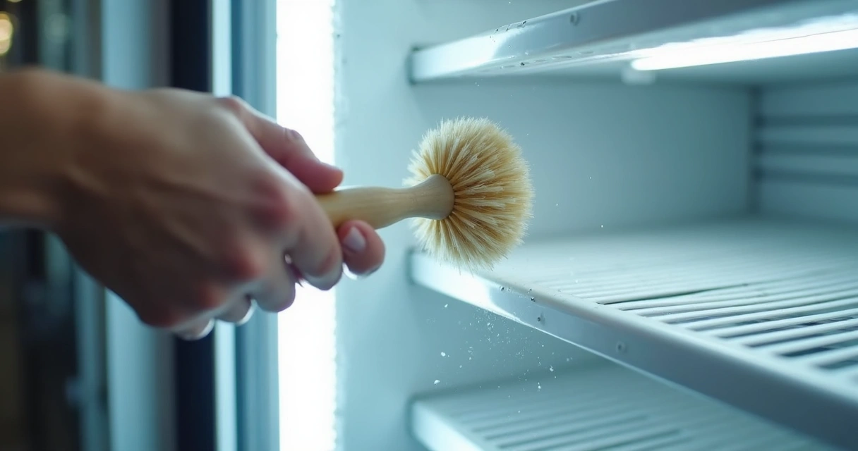 Serpentina de vitrine refrigerada sendo cuidadosamente limpa com escova de cerdas macias 