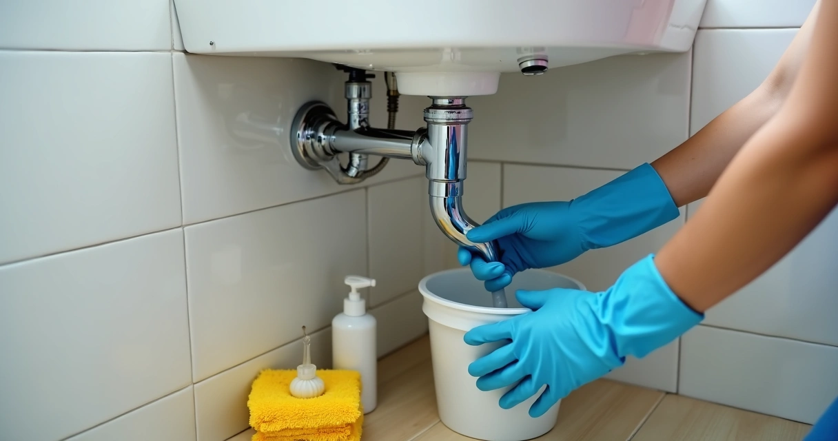 Pessoa limpando sifão de lavatório sem desmontar o cano 