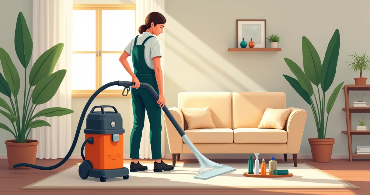 Profissional limpando sofá com máquina e produtos em sala arejada 