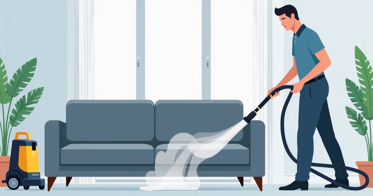 Profissional limpando sofá com máquina extratora de vapor 