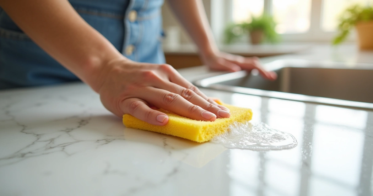 Pessoa limpando superfície de mármore com esponja e detergente neutro 