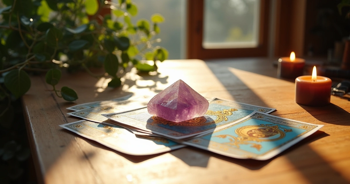 Baralho de tarot com cristais em cima sendo purificado à luz natural 