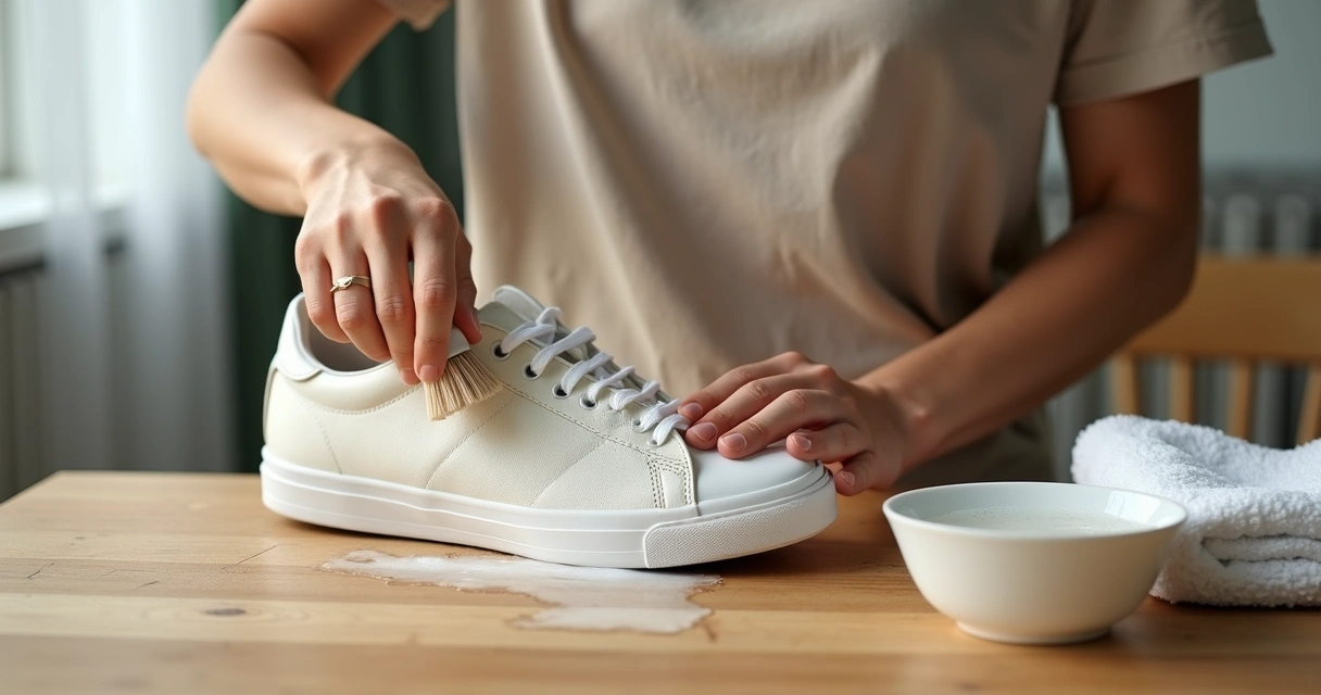 Pessoa limpando tênis branco com escova macia 